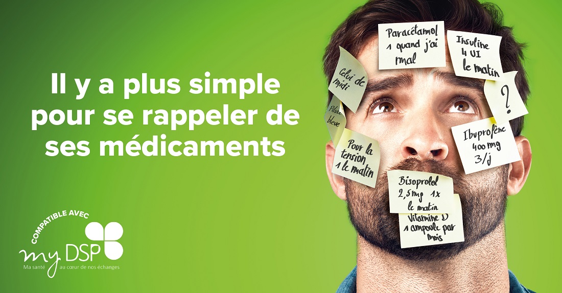 Tête avec plusieurs post-its avec des noms de médicaments