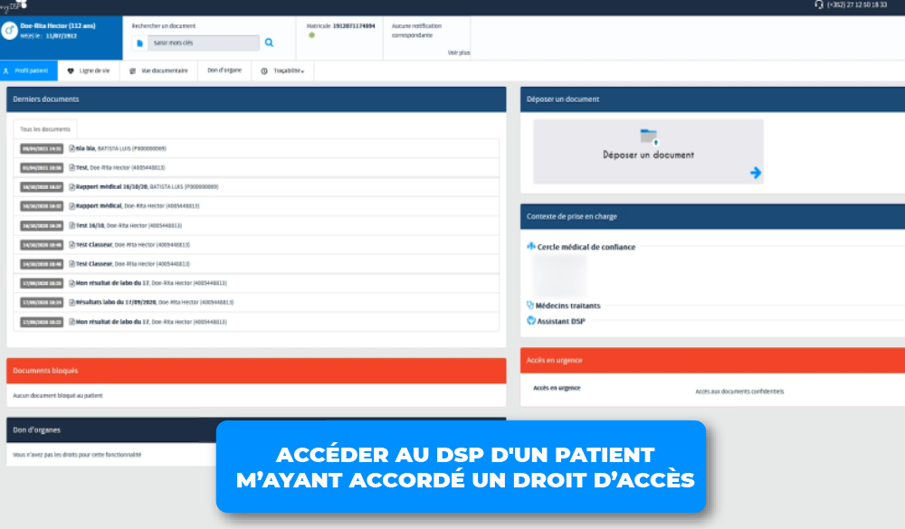 écran avec page d'accueil du DSP d'un patient